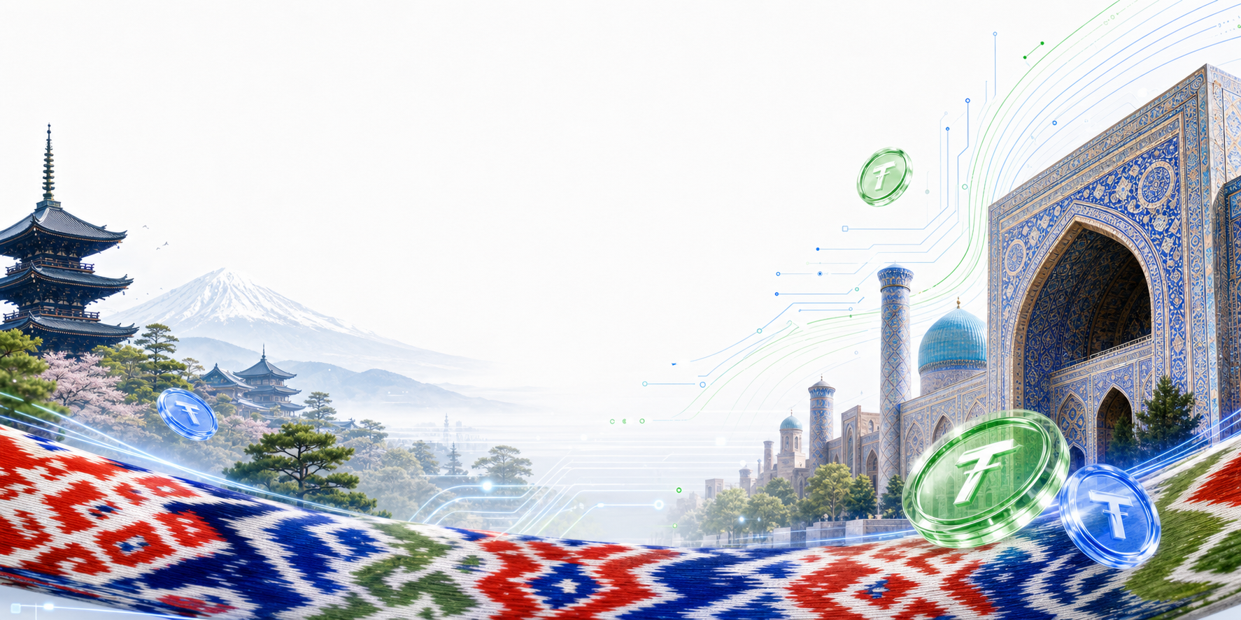 Kyoto and Uzbekistan connected by BizHub AI onboarding visuals